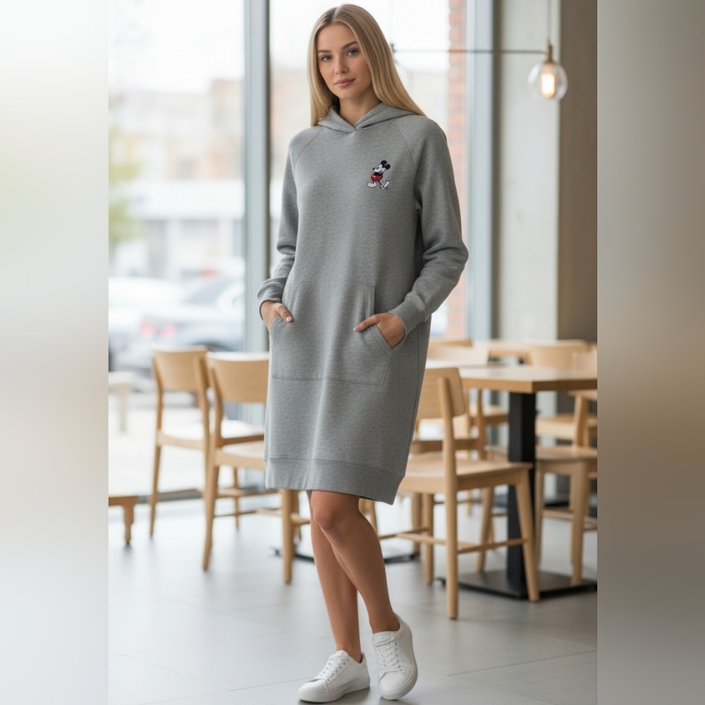 Disney Mickey Stands Gray Long Sleeve Kangaroo Pocket Hooded Sweatshirt Dress SM